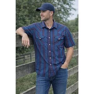 Ely Plains Western Shirt Mens Large Blue Striped Snap Front Pearl Pockets Cowboy